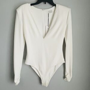NEW Atoir Exton Deep V Neck Bodysuit Women's Size 4 White High Cut Long Sleeve